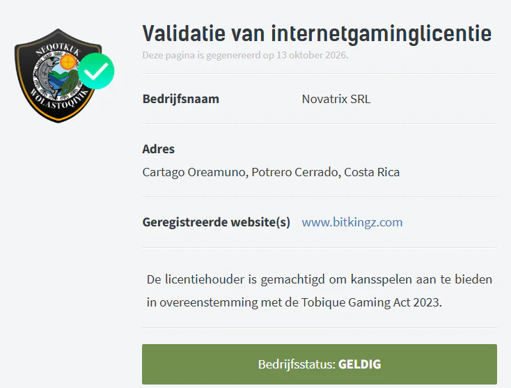 Bitkingz Casino validatie van de Tobique Gaming-licentie voor Novatrix SRL met een geldige bedrijfsstatus